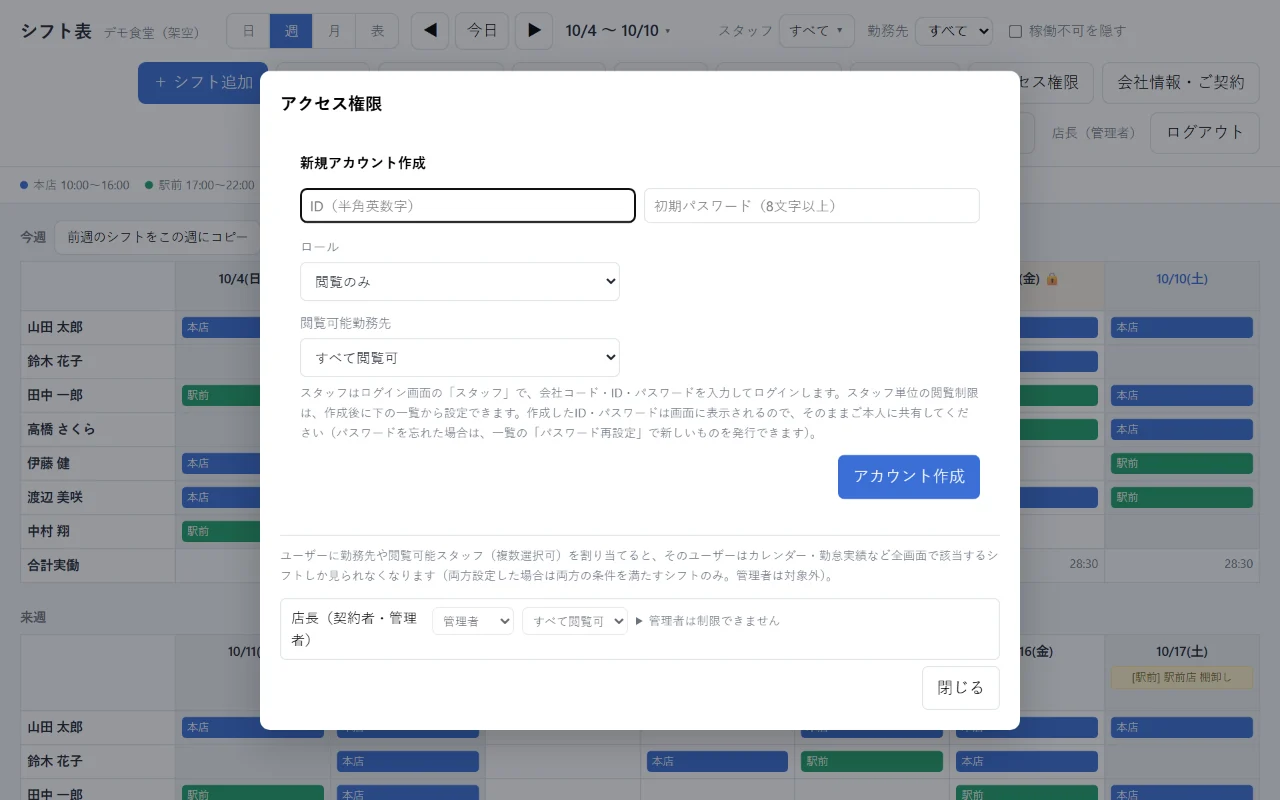 アクセス権限の画面。スタッフ用のIDと初期パスワードを発行する