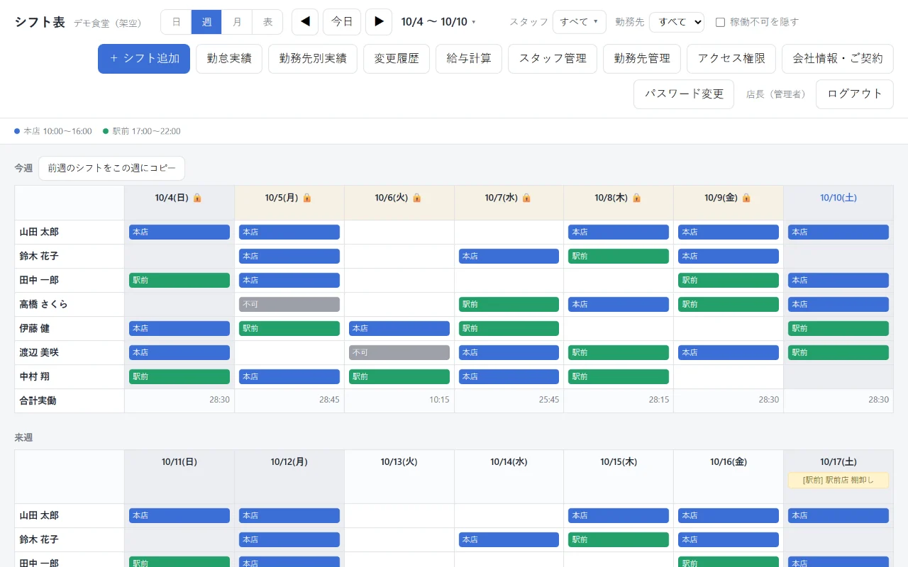 週表示のシフト表。スタッフごとに本店・駅前店のシフトが色分けされている（架空のデータ）