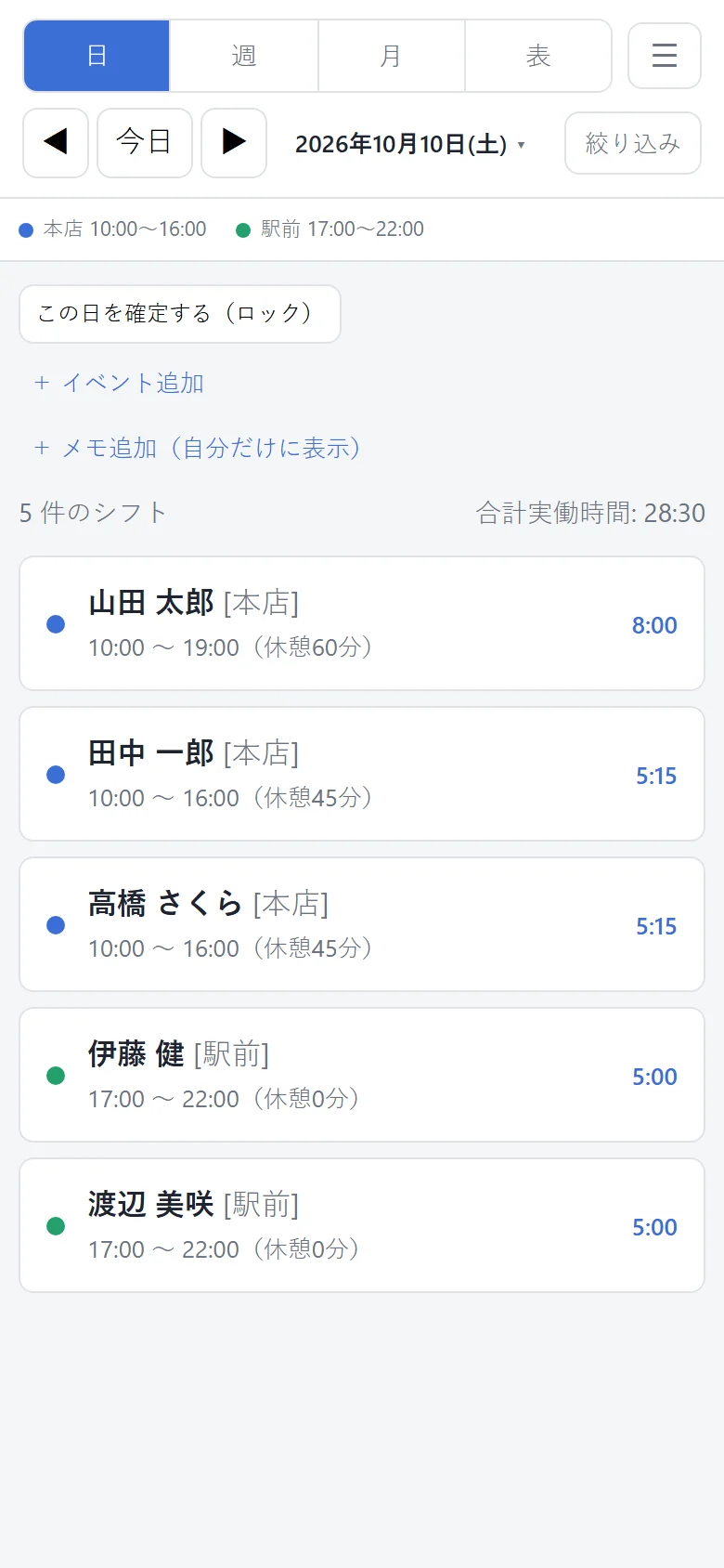 スマホの日表示。その日の勤務者と時間が一覧になっている（架空のデータ）